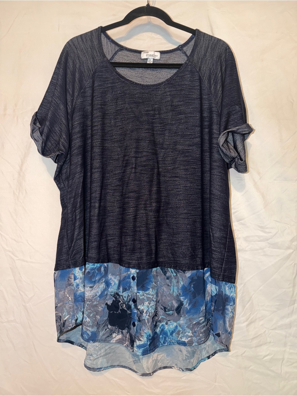 Symmetry Navy Heathered Tunic with Blue Floral Hemline